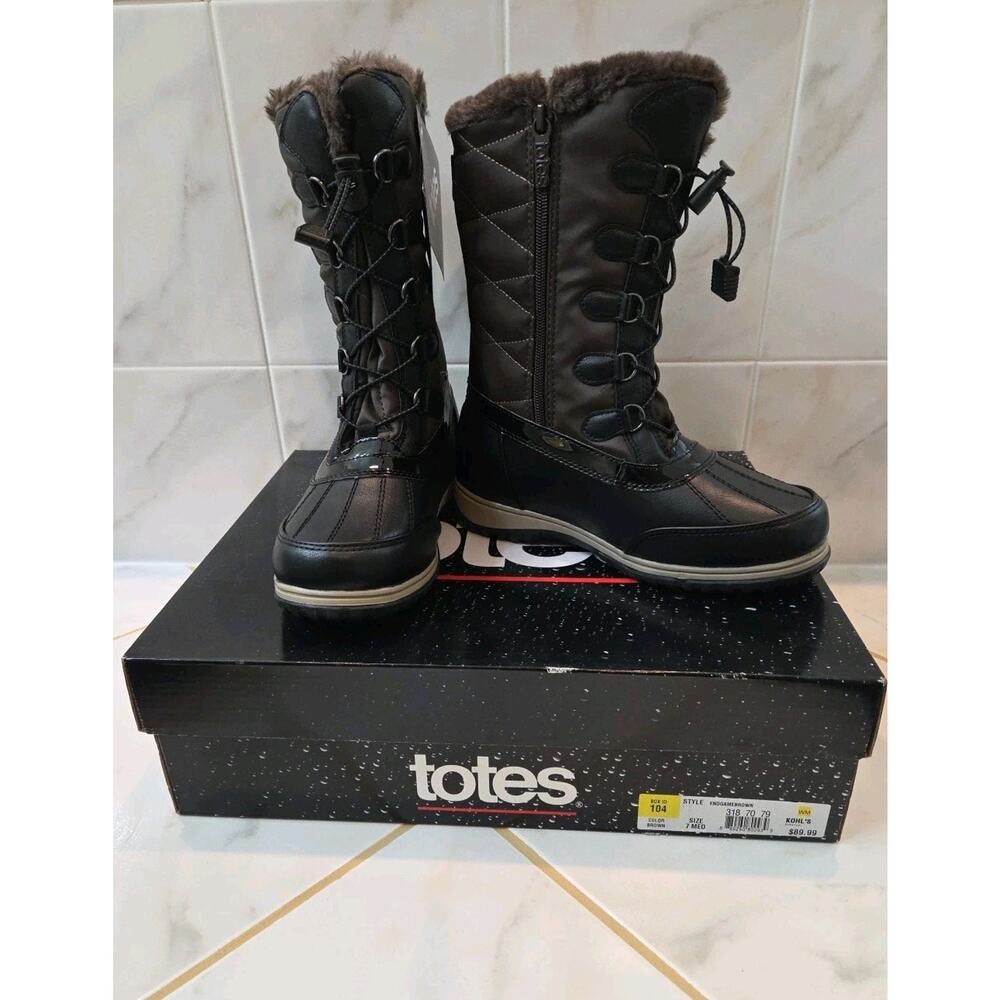 Totes End Game Winter Boots Brown Womens 7 Faux Fur Zip Lace Up Snow